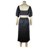 Black Solid Color Square Collar Lantern Sleeve Irregular Mid Dress with Hollow