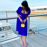 Blue Solid Color Square Collar Lantern Sleeve Irregular Mid Dress with Hollow