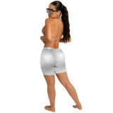 Silver Solid Color Stretch PU Bra Shorts Set Two Pieces