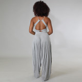 Grey Casual Knitted Straps Backless Top & Pleated Harem Pants