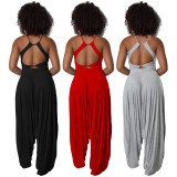 Red Casual Knitted Straps Backless Top & Pleated Harem Pants