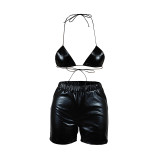 Black Solid Color Stretch PU Bra Shorts Set Two Pieces