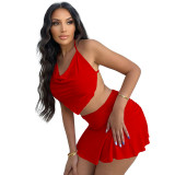 Red Sexy Halter Backless Pleated Two Piece Skirt Set