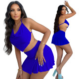 Blue Sexy Halter Backless Pleated Two Piece Skirt Set