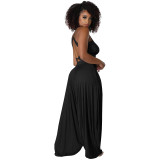 Black Casual Knitted Straps Backless Top & Pleated Harem Pants