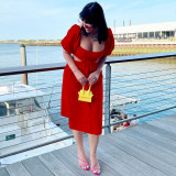 Red Solid Color Square Collar Lantern Sleeve Irregular Mid Dress with Hollow