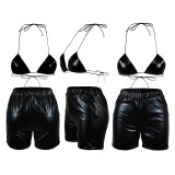 Black Solid Color Stretch PU Bra Shorts Set Two Pieces