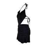 Black Sexy Halter Backless Pleated Two Piece Skirt Set
