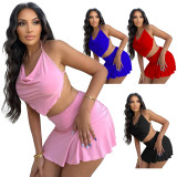 Pink Sexy Halter Backless Pleated Two Piece Skirt Set