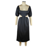 Black Solid Color Square Collar Lantern Sleeve Irregular Mid Dress with Hollow