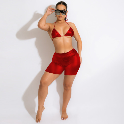 Red Solid Color Stretch PU Bra Shorts Set Two Pieces