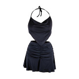 Black Sexy Halter Backless Pleated Two Piece Skirt Set