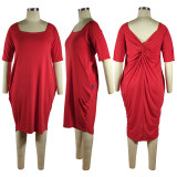 Red Solid Color Half Sleeves U Neck Slits Knotted Back Dress with 2 Pockets