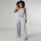 Grey Casual Knitted Straps Backless Top & Pleated Harem Pants