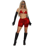 Red Solid Color Stretch PU Bra Shorts Set Two Pieces