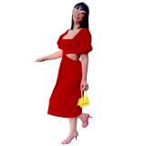 Red Solid Color Square Collar Lantern Sleeve Irregular Mid Dress with Hollow