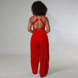 Red Casual Knitted Straps Backless Top & Pleated Harem Pants