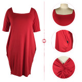 Red Solid Color Half Sleeves U Neck Slits Knotted Back Dress with 2 Pockets