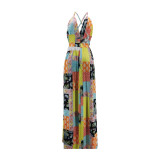 Sexy Printed V Neck Backless Cross Strap Maxi Swing Dress