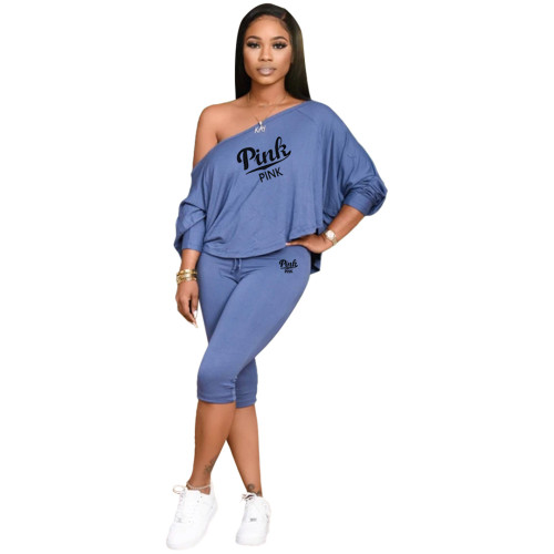 Women 2 Pieces Sets Sloping Shoulder Batwing Sleeve Letter Print Crop Top And Drawstring Pants Set