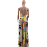 Sexy Printed V Neck Backless Cross Strap Maxi Swing Dress