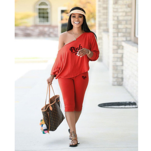 Women 2 Pieces Sets Sloping Shoulder Batwing Sleeve Letter Print Crop Top And Drawstring Pants Set