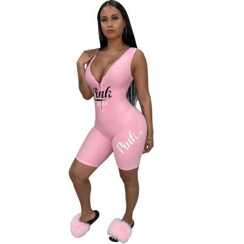 Custom Design Summer Printed Short Tight Sports Rompers for Women Pink