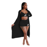 Summer Black Printed Sleeveless Three Piece Set Camisole Shorts with Cardigan