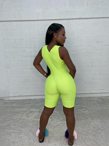 Custom Design Summer Printed Short Tight Sports Rompers for Women Fluorescent Green