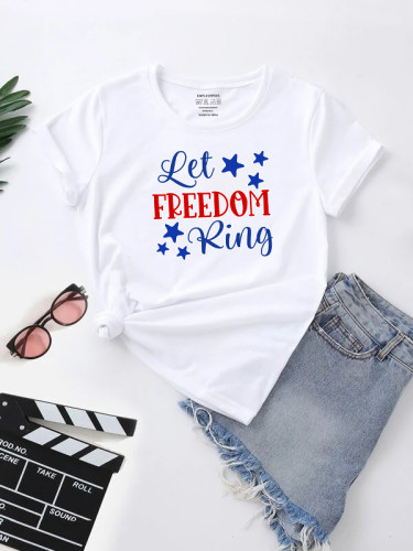 Independence Day Summer White Print O Neck Short T-shirt