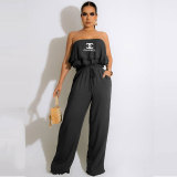 Black Sexy Printed Strapless Ruffled Pocket Casual Jumpsuit