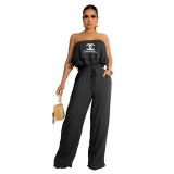 Black Sexy Printed Strapless Ruffled Pocket Casual Jumpsuit