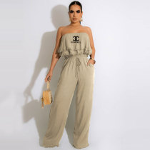 Khaki Sexy Printed Strapless Ruffled Pocket Casual Jumpsuit