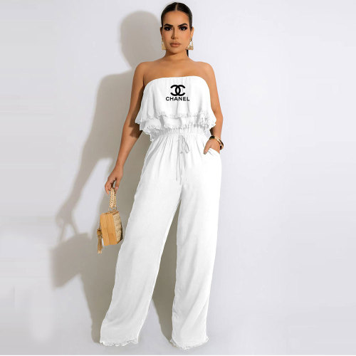 White Sexy Printed Strapless Ruffled Pocket Casual Jumpsuit
