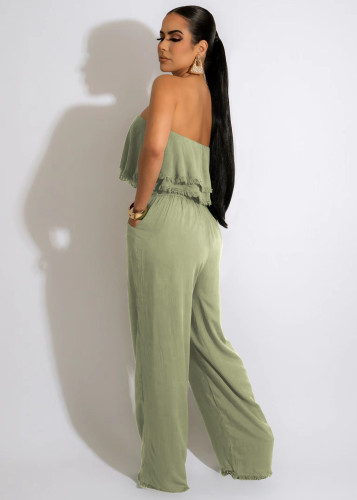 Light Army Green Sexy Printed Strapless Ruffled Pocket Casual Jumpsuit