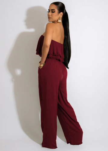 Wine Red Sexy Printed Strapless Ruffled Pocket Casual Jumpsuit