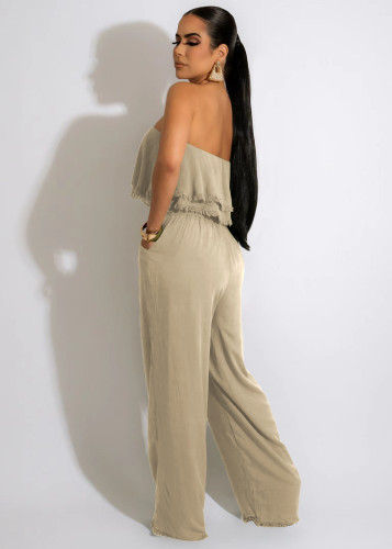 Khaki Sexy Printed Strapless Ruffled Pocket Casual Jumpsuit