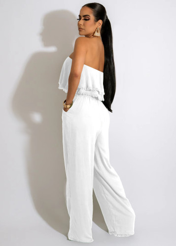 White Sexy Printed Strapless Ruffled Pocket Casual Jumpsuit
