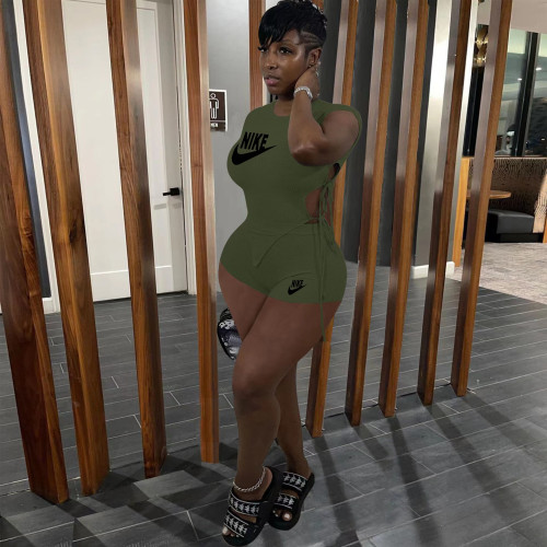 Army Green Side Slit Strapped Solid Color Printed Letter Two Piece Sets