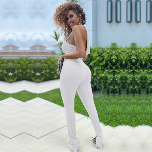 White Fashion Sexy Bandage Halter Neck Solid Color Jumpsuit