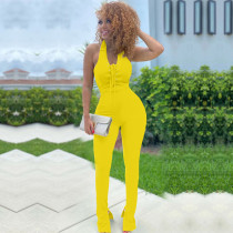 Yellow Fashion Sexy Bandage Halter Neck Solid Color Jumpsuit