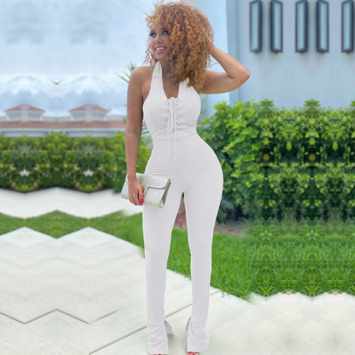 White Fashion Sexy Bandage Halter Neck Solid Color Jumpsuit