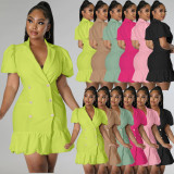 Casual Sweet Solid Patchwork Buckle Puff Sleeves V Neck Straight Dresses