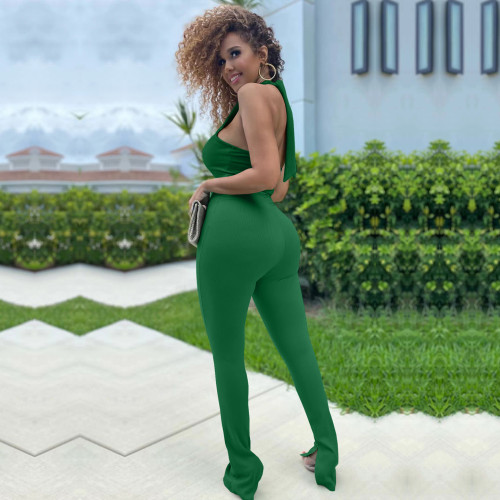 Green Fashion Sexy Bandage Halter Neck Solid Color Jumpsuit