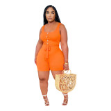 Plus Size Casual Sleeveless Bodysuits Button Up Front Tie Knot Summer Belted Wide Leg Solid Rompers