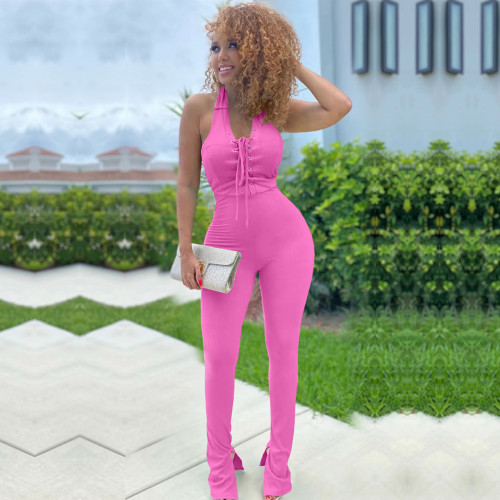 Rose Fashion Sexy Bandage Halter Neck Solid Color Jumpsuit