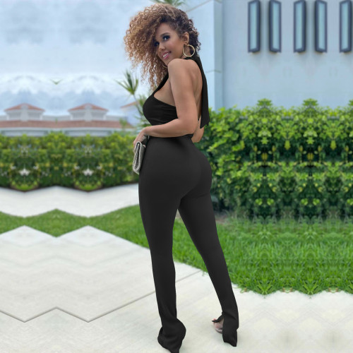 Black Fashion Sexy Bandage Halter Neck Solid Color Jumpsuit