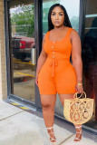 Plus Size Casual Sleeveless Bodysuits Button Up Front Tie Knot Summer Belted Wide Leg Solid Rompers