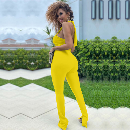 Yellow Fashion Sexy Bandage Halter Neck Solid Color Jumpsuit