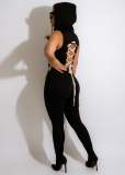 Black Fashion Eyelet Tie Zip Solid Color Sleeveless V Neck Hoodie Jumpsuit